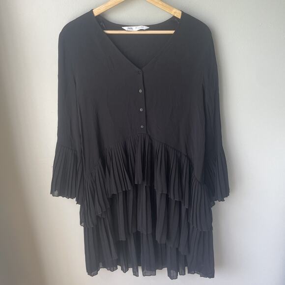 Zara‎ Tiered Pleated Chiffon Black Tunic/Drees Size Small Womens - Picture 4 of 9